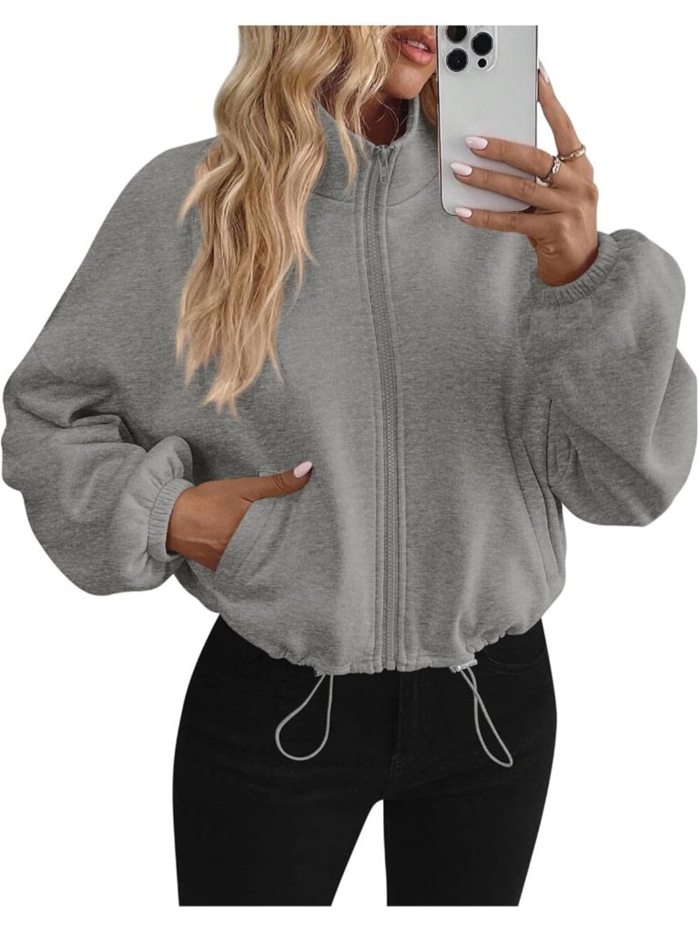 Women's Grey Long Sleeve Mock Neck ZIP Up Cropped Jacket Fleece Sweatshirt